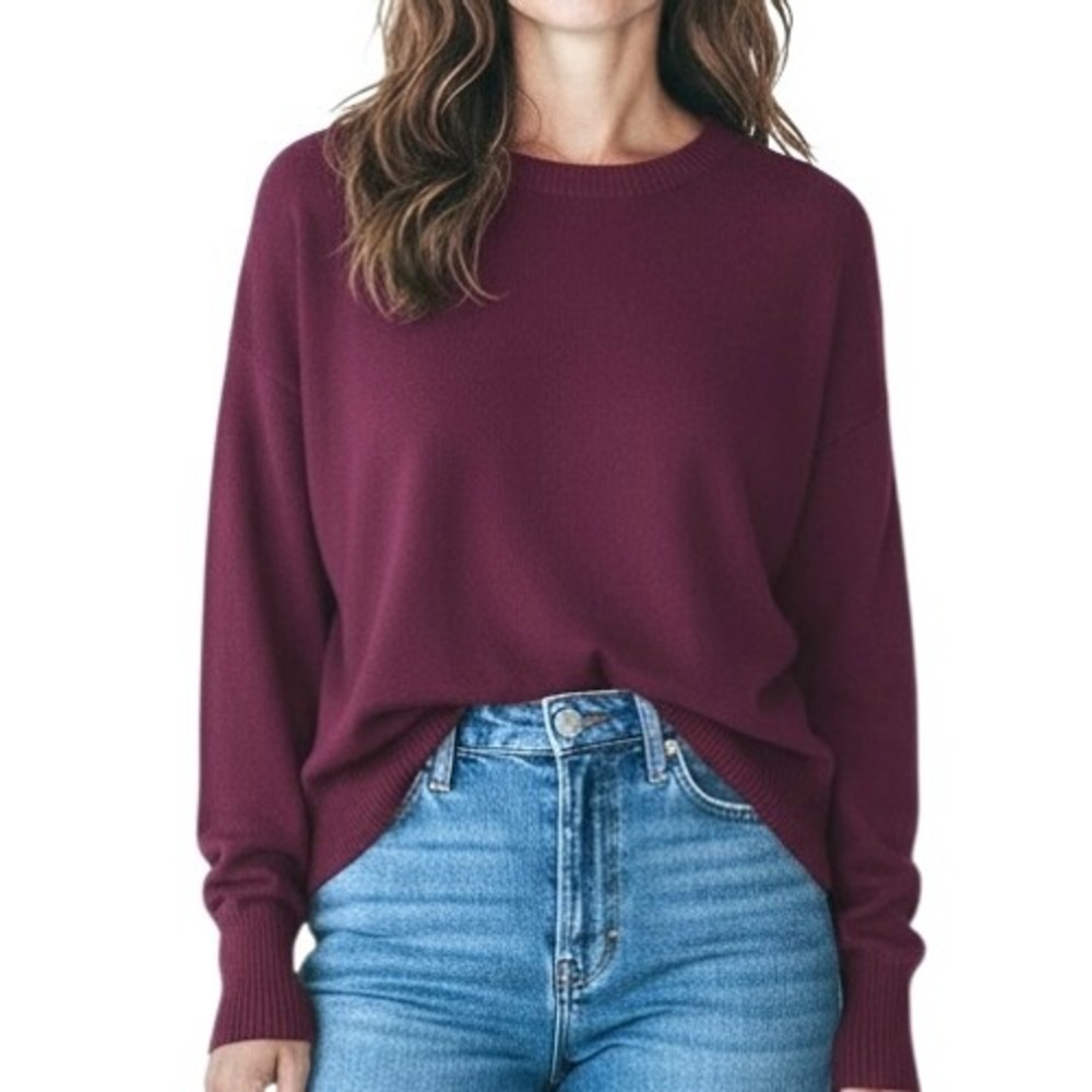 Tahari Extrafine Merino Wool Sweater XS Burgundy Crew Neck Dropped Shoulder